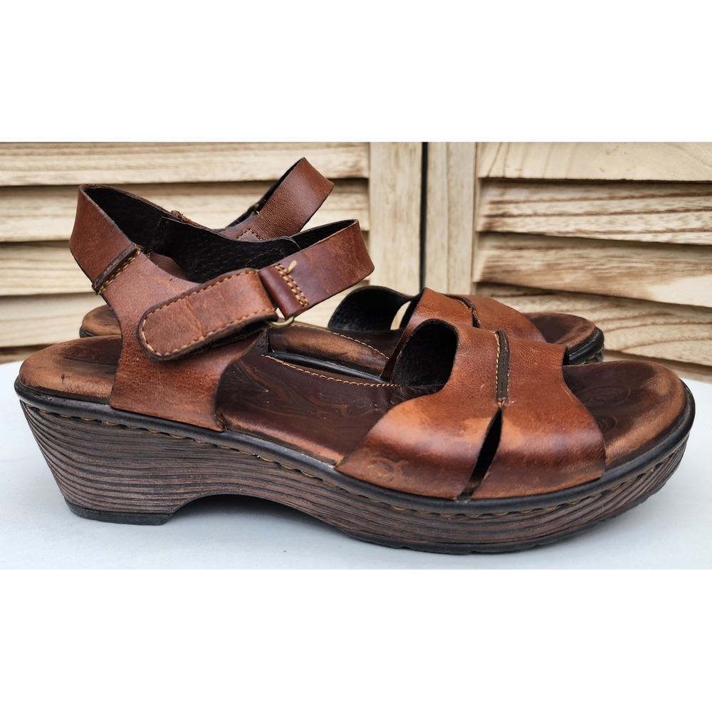 Born Sz 7 EU 38 Brown Leather Wedge Sandal Comfort Strappy Boho Resort Casual